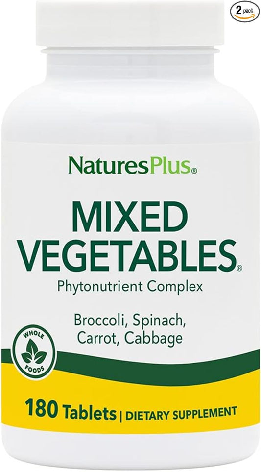 Natures Plus Mixed Vegetables - 180 Tablets, Pack of 2 - with Broccoli, Spinach, Carrot & Cabbage - Gluten Free - 120 Total Servings