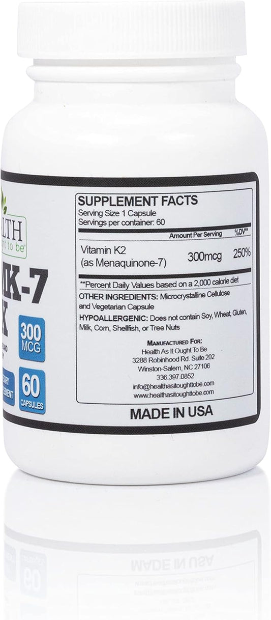 Health As It Ought To Be K2 MK7 MK7 MAX 300mcg Supplemeny 60 Capsules
