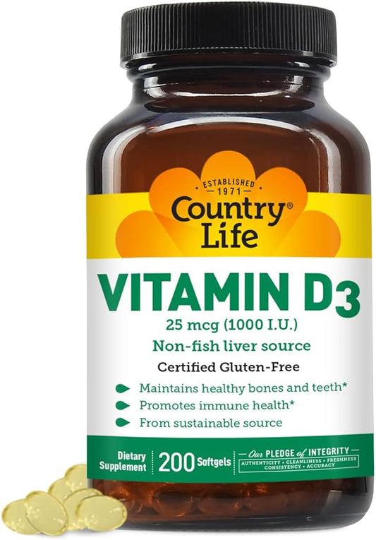 Country Life Vitamin D3 1000 IU Soft Gels, Large, 200 sg, 200 Count