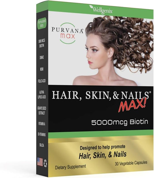 Purvana Max Hair, Skin, and Nails Vitamin - 5000mcg Biotin, Folic Acid, DMAE, Grape Seed Extract - One a Day Vegan Hair, Skin, Nails Support - Promotes Collagen Production - 30 Caps (Pack of 2)
