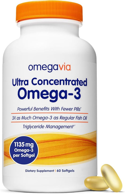 OmegaVia Ultra Concentrated Omega 3 Fish 60 Softgels, 3 Fish 1135 mg Omega3, No 5-Star