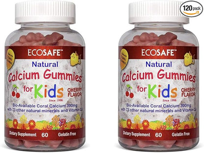 Coral Calcium Vitamin D3 Kids Gummy, Natural Cherry Flavor, Non GMO, Gluten-Free, Dairy-Free, Soy-Free and Gelatin Free - 300 mg of Calcium, and 800 IU of Vitamin D3-60 Gummies (2 Pack)