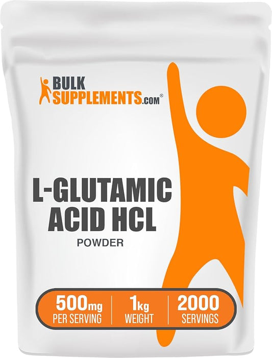 BulkSupplements.com L-Glutamic Acid HCl Powder - Amino Acid Supplement, Glutamate Supplement - for Gut Health, Glulten Free, 500mg per Serving, 1kg (2.2 lbs) (Pack of 1)