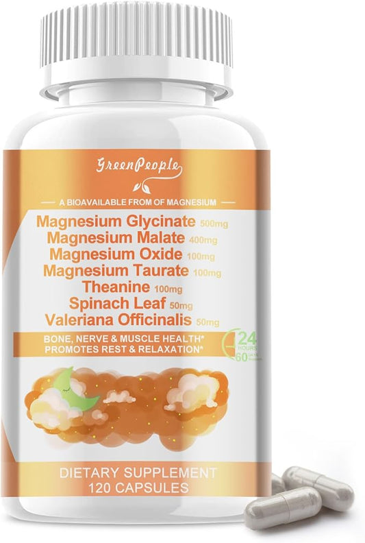 Magnesium Glycinate 500mg Capsules, with Malate, D3 | 6 Kinds 120 Capsules