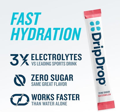 DripDrop Hydration - Zero Sugar Watermelon - Electrolyte Drink Mix Single Serve Powder Packets | Non-GMO, Gluten Free, Vegan | 32 Sticks