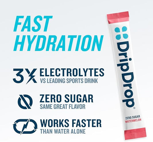 DripDrop Hydration - Zero Sugar Watermelon - Electrolyte Drink Mix Single Serve Powder Packets | Non-GMO, Gluten Free, Vegan | 32 Sticks