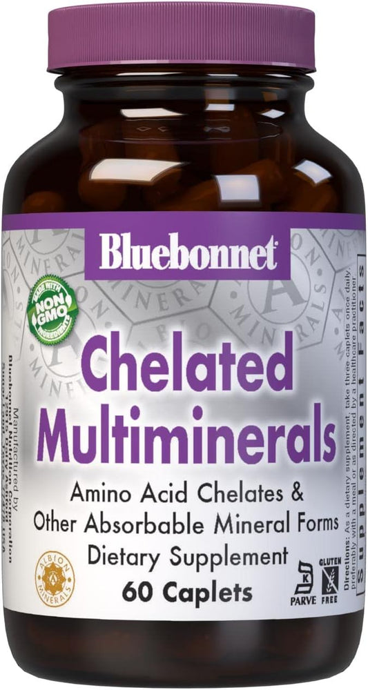 Bluebonnet Nutrition High Potency Chelated Multiminerals, Albion Chelated Minerals, Soy-Free, Gluten-Free, Non-GMO, Kosher Certified, Dairy-Free, 60 Caplets, 20 Servings