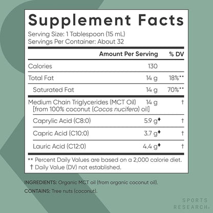 Sports Research Organic MCT Oil - Keto & Vegan MCTs C8, C10, C12 from Coconuts - Fatty Acid Brain & Body Fuel, Flavorless, Non-GMO & Gluten Free - Perfect in Coffee, Tea & Protein Shakes - 16 oz