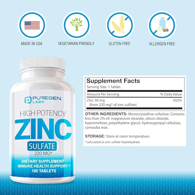 Zinc 220mg [High Potency] Supplement – Zinc Sulfate for Immune Support System 100 Tablets