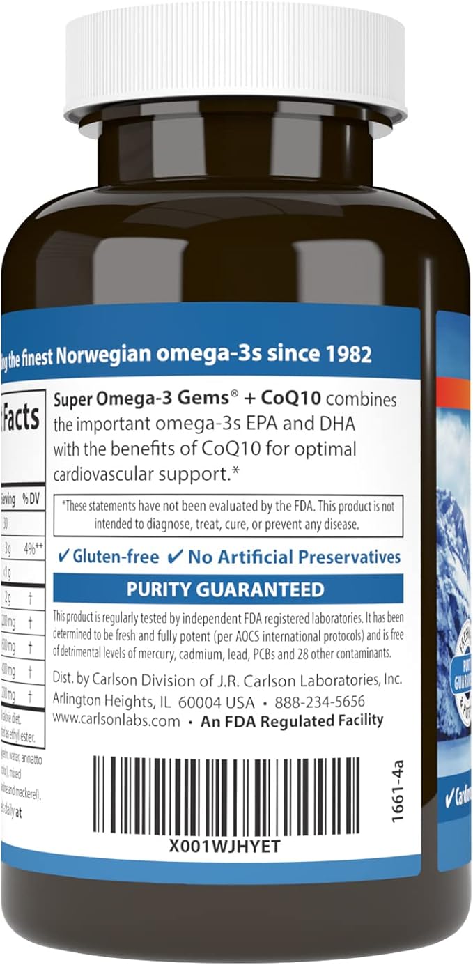 Carlson - Super Omega-3 Gems + CoQ10, 1200 1200 mg Omega-3s 200 200 mg CoQ10, Circulation 60 Softgels