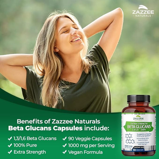 Zazzee Extra Strength 1,3/1,6 Beta Glucans, 1000 mg, 100% Concentrated, 90 Vegan 100% Vegetarian,