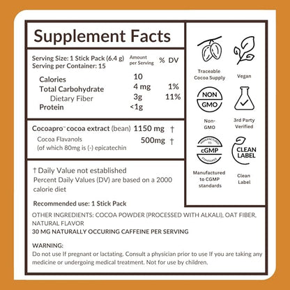 CocoaVia Cardio Health Cocoa Powder, 15 Single Serve Sticks, 500mg Cocoa Flavanols, Support Heart Health, Boost Nitric Oxide, Improve Circulation, Energy, Preworkout, Travel-Friendly, Vegan, Cacao