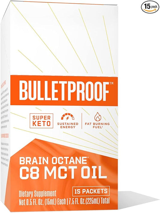 Bulletproof Brain Octane C8 MCT Oil Packets, Pack of 15, Keto Supplement for Sustained Energy