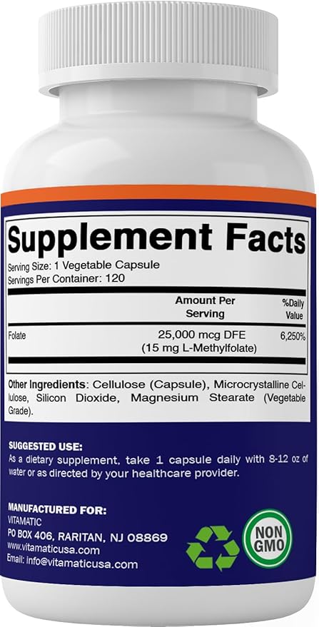 Vitamatic Methyl Folate 15mg - 120 Vegetable Capsules - Optimized and Activated High Potency - Metabolically Active Folate
