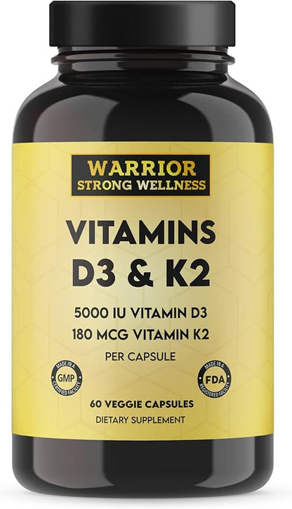 Vitamin D3 and K2 Supplement 5000IU Vitamin D3 and 180MCG Vitamin K2 Supplement 2 Month-Supply, 60 Veggie