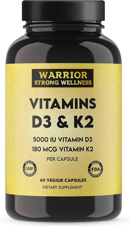Vitamin D3 and K2 Supplement 5000IU Vitamin D3 and 180MCG Vitamin K2 Supplement 2 Month-Supply, 60 Veggie