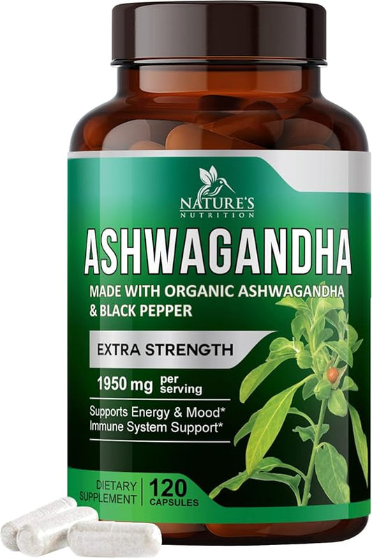 Nature's Nutrition Organic Ashwagandha Capsules Extra 1950mg - 120 Capsules