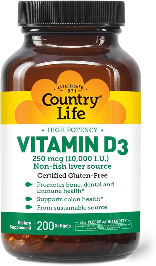 Country Life Vitamin D3 10,000 IU – High Potency Non-Fish Source – Bone & Immune Support – Certified Gluten-Free – 200 Softgels