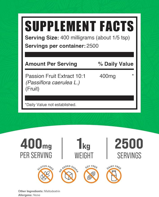 BulkSupplements.com Passion Fruit Extract Powder - Passion Fruit Supplement, Passion Fruit Powder - Gluten Free & No Added Sugar, 400mg per Serving, 1kg (2.2 lbs) (Pack of 1)