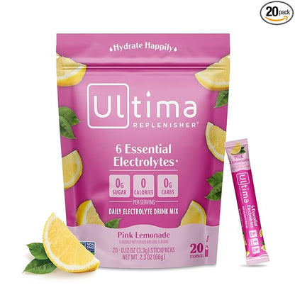 Ultima Replenisher Daily Electrolyte Powder Drink Mix – Pink Lemonade, 20 Stickpacks – Hydration Packets with 6 Electrolytes and Trace Minerals – Keto Friendly, Vegan, Non-GMO and Sugar-Free