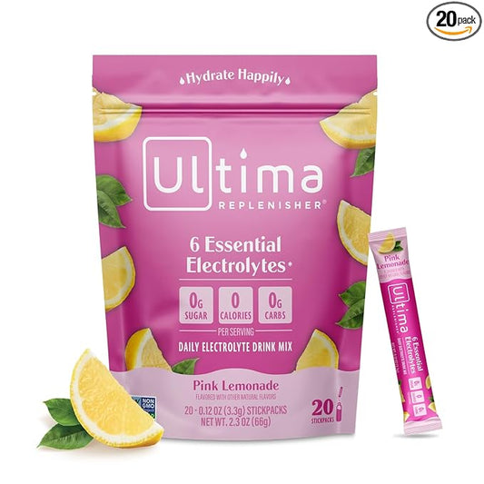 Ultima Replenisher Daily Electrolyte Powder Drink Mix – Pink Lemonade, 20 Stickpacks – Hydration Packets with 6 Electrolytes and Trace Minerals – Keto Friendly, Vegan, Non-GMO and Sugar-Free