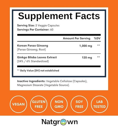 Natgrown Panax Ginseng & Ginkgo Biloba Supplement - Red Korean Ginseng & Ginko Biloba Capsules for Men & Women - Supports Memory Focus & Brain Function - Vegan Pills - 120 Count