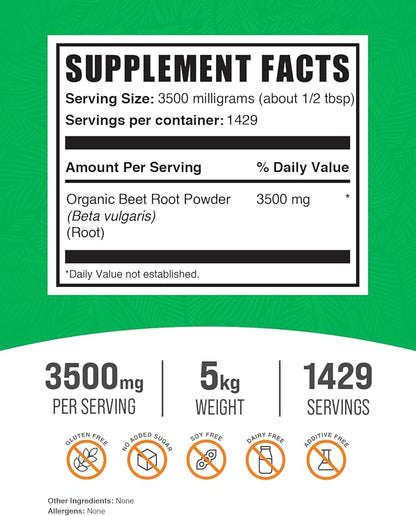 BulkSupplements.com Organic Beet Root Powder - Beet Powder Organic, Beetroot Supplement - Superfood Supplement, Vegan & Gluten Free - 3500mg per Serving, 5kg (11 lbs) (Pack of 5)