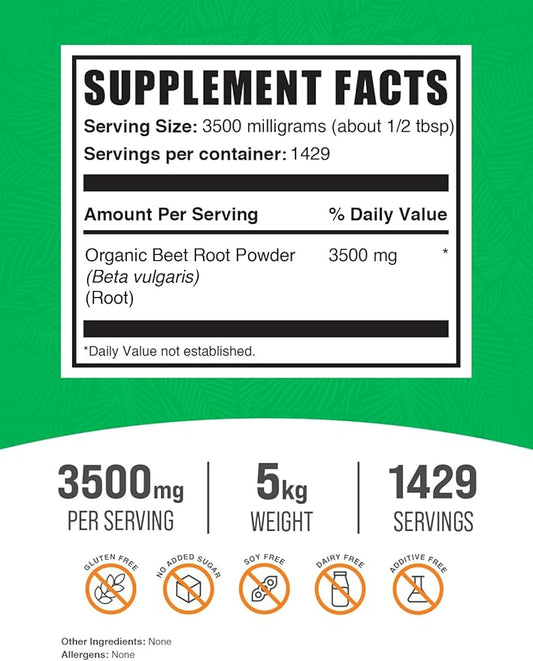 BulkSupplements.com Organic Beet Root Powder - Beet Powder Organic, Beetroot Supplement - Superfood Supplement, Vegan & Gluten Free - 3500mg per Serving, 5kg (11 lbs) (Pack of 5)