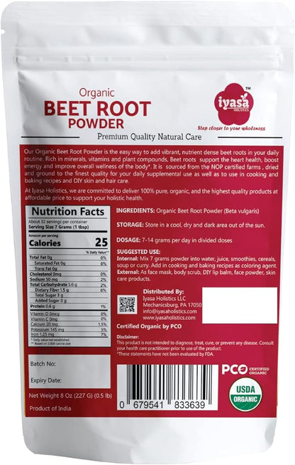 Iyasa Organic Beet Root Powder, Plant Based, Vegan, Gluten-Free, Beetroot Superfood, Nitric Oxide Boost, Blood Circulation Support, Pre Post Workout, Baking and Cooking 8 oz 223 gm