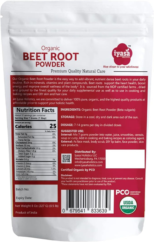 Iyasa Organic Beet Root Powder, Plant Based, Vegan, Gluten-Free, Beetroot Superfood, Nitric Oxide Boost, Blood Circulation Support, Pre Post Workout, Baking and Cooking 8 oz 223 gm