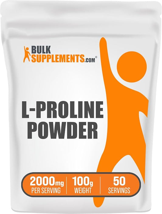 BulkSupplements.com L-Proline Powder - Amino Acid Supplement, Proline Supplements - Unflavored & Gluten Free, 2000mg per Serving, 50 Servings, 100g (3.5 oz) (Pack of 1)
