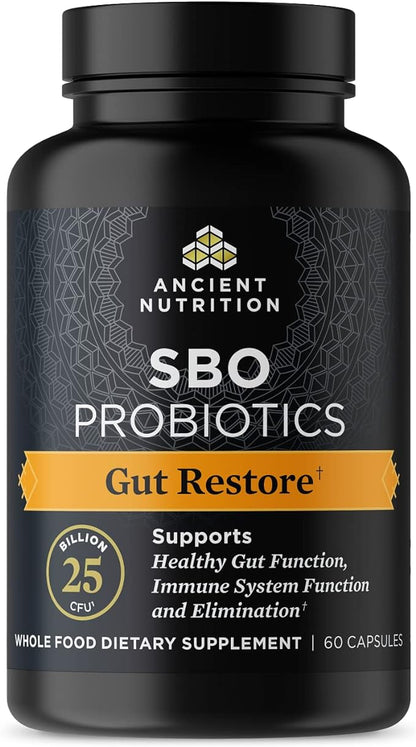 Probiotics by Ancient Nutrition, SBO Probiotics Gut Restore 60 Ct, Promotes Gut Health, Digestive and Immune Support, Gluten Free, Ancient Superfoods Blend, 25 Billion CFUs* Per Serving