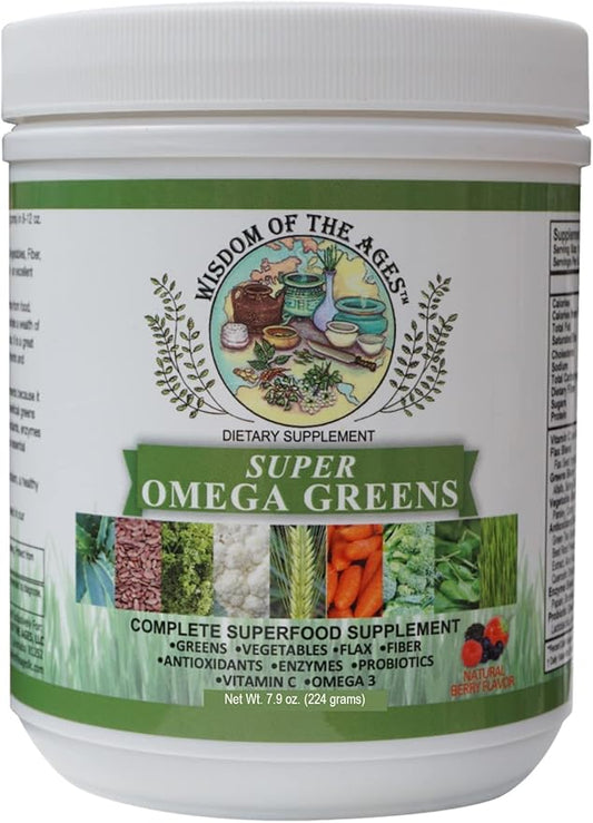 Super Omega Greens Complete Superfood Supplement with Greens, Vegetables, Flax, Fiber, Antioxidants, Enzymes, Probiotics, Vitamin C and Omega 3 - 7.9oz powder