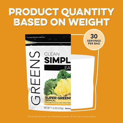 Clean Simple Eats Tropical Greens Powder Mix, Greens Superfood Powder Smoothie & Juice Mix, Gluten Free, Includes Powerhouse Superfoods Chlorella & Spirulina Powder Organic (30 Servings)