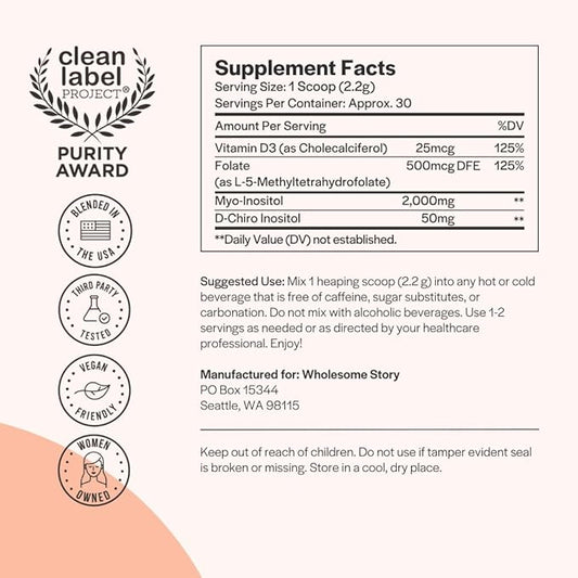 Inositol Supplement Powder with MTHF Folate + Vitamin D3 | Myo-Inositol & D-Chiro Inositol | Hormonal Balance & Healthy Ovarian Support | Vitamin B8 | Alternative to Inositol Capsules | 30-Day Supply