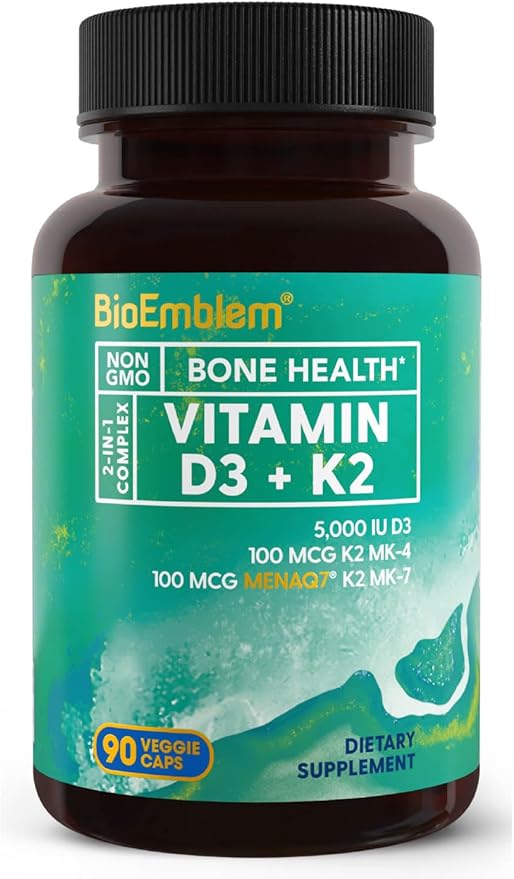 BioEmblem Vitamin D3 K2 Capsules (5000IU 200mcg) - MK7 and MK4 for 3-in-1 Complex K2 Supplement 90 Caps
