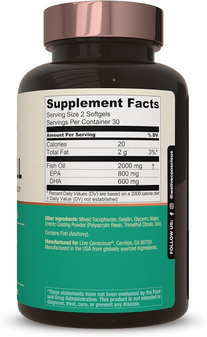 Live Conscious OmegaWell Fish Oil: Heart, Brain, and Joint Support | 800 mg EPA 600 mg DHA - Enteric-Coated, Sustainably Sourced - Easy to Swallow 120 Count (2-Pack)