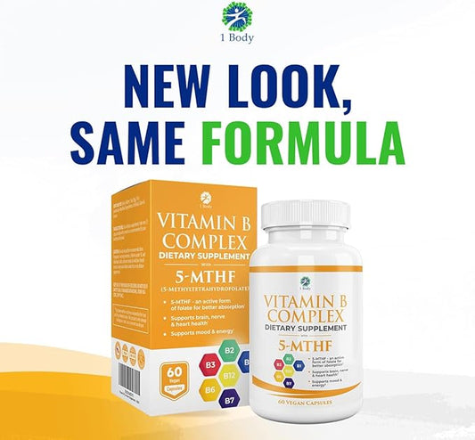 1 Body Vitamin B Complex Twin 5-MTHF Folate B1, B2, B2, B5, B5, B6, B6, Methyl B12, Niacin, 60 capsules