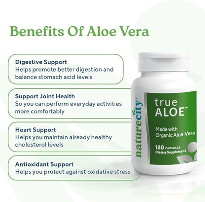 NatureCity True-Aloe 80,000mg Aloe Vera Gel Equivalent Per Serving– Made with Organic Aloe Vera (720 Capsules) Digestive, Skin and Joint Support|Small Easy-to-Swallow Pills
