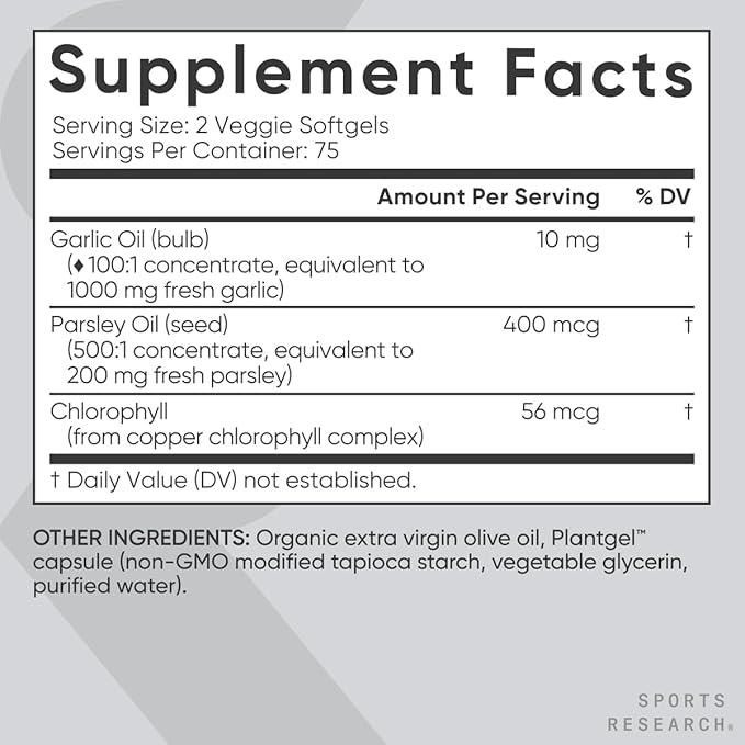 Sports Research Odorless Garlic Oil Pills (1000mg) with Parsley & Chlorophyll - Non-GMO Verified, Vegan Certified & Gluten Free - 150 Plantgel Capsules