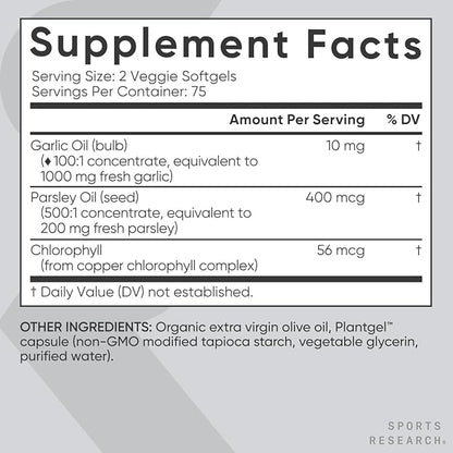 Sports Research Odorless Garlic Oil Pills (1000mg) with Parsley & Chlorophyll - Non-GMO Verified, Vegan Certified & Gluten Free - 150 Plantgel Capsules