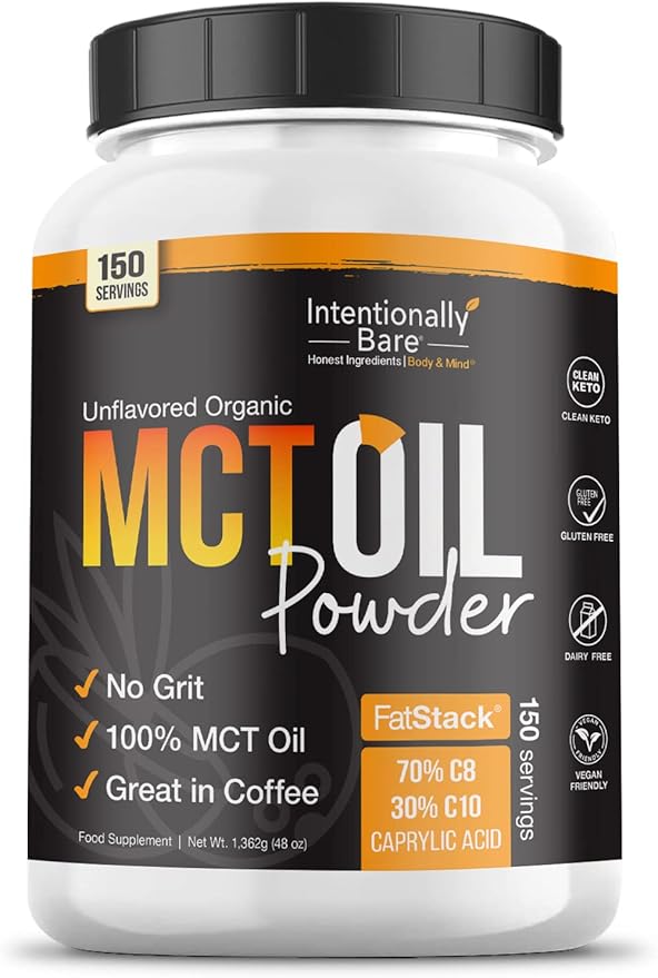 Intentionally Bare Organic MCT Oil Powder - Zero Net Carbs & No Grit MCT Powder for Body & Brain - Vegan MCT Creamer for Coffee, Tea, Shakes, Smoothies & Baking with 70% C8 & 30% C10 - Unflavored