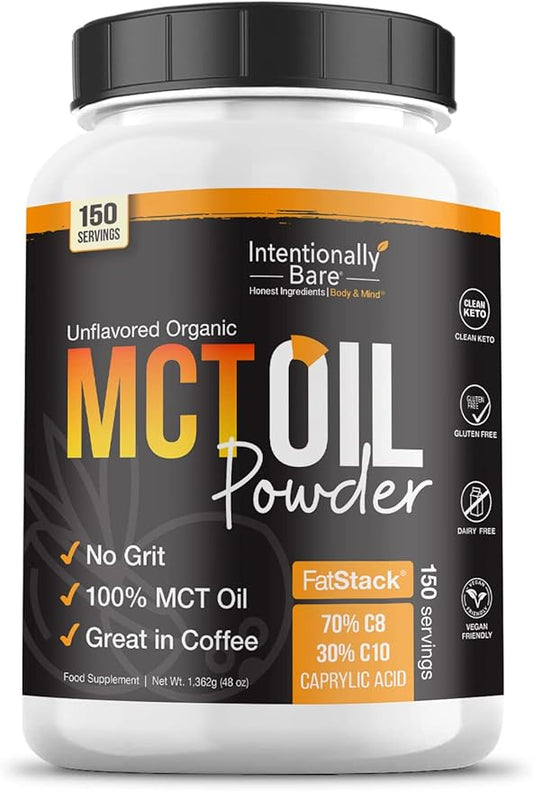 Intentionally Bare Organic MCT Oil Powder - Zero Net Carbs & No Grit MCT Powder for Body & Brain - Vegan MCT Creamer for Coffee, Tea, Shakes, Smoothies & Baking with 70% C8 & 30% C10 - Unflavored