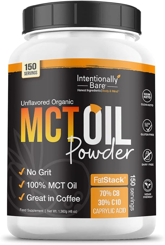 Intentionally Bare Organic MCT Oil Powder - Zero Net Carbs & No Grit MCT Powder for Body & Brain - Vegan MCT Creamer for Coffee, Tea, Shakes, Smoothies & Baking with 70% C8 & 30% C10 - Unflavored