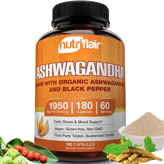 NutriFlair Organic Ashwagandha Root Extract 1950mg, 180 Capsules