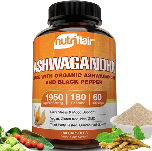 NutriFlair Organic Ashwagandha Root Extract 1950mg, 180 Capsules