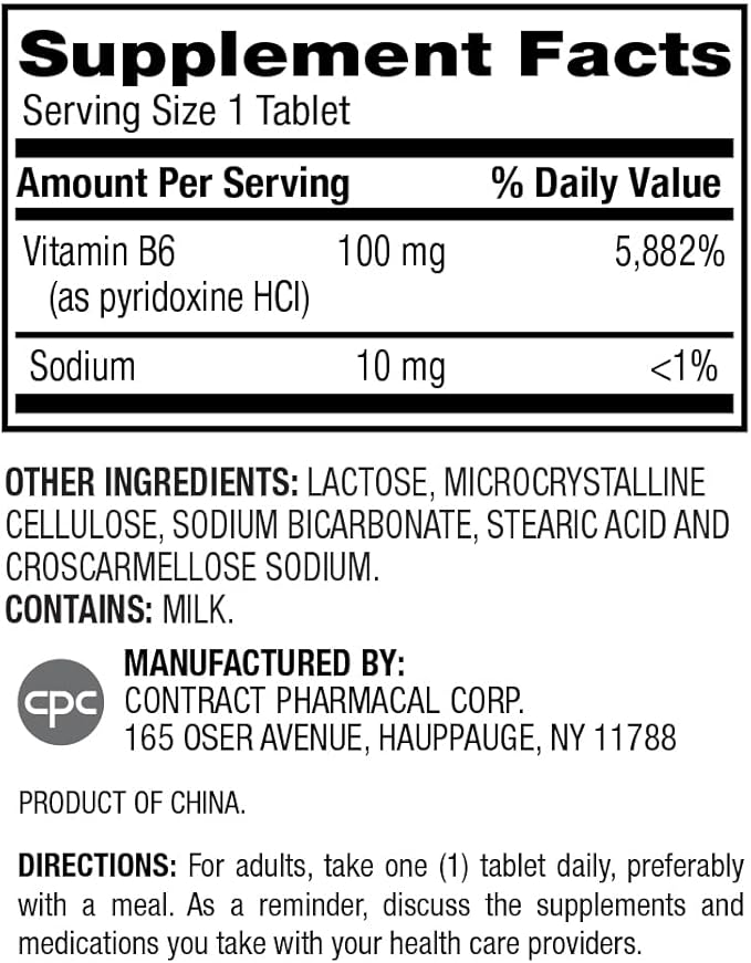 Earth's Splendor Energy Supplement Vitamin B6 (100mg, 250 250 Tablets)