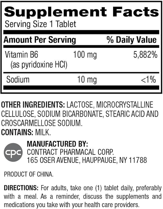 Earth's Splendor Energy Supplement Vitamin B6 (100mg, 250 250 Tablets)
