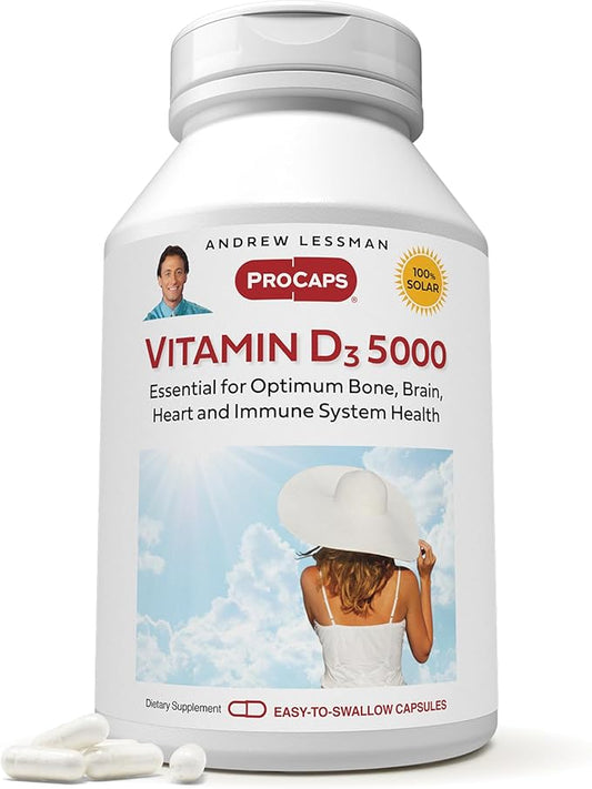 ANDREW LESSMAN Vitamin D3 5000 IU 180 Capsules – High Potency, Essential for Calcium Absorption, Supports Bone Health, Healthy Muscle Function, Immune System and More. Small Easy to Swallow Capsules
