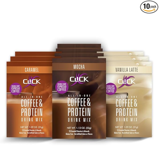 Click Coffee Protein Powder Packets, High (150mg Caffeine), 23 Essential